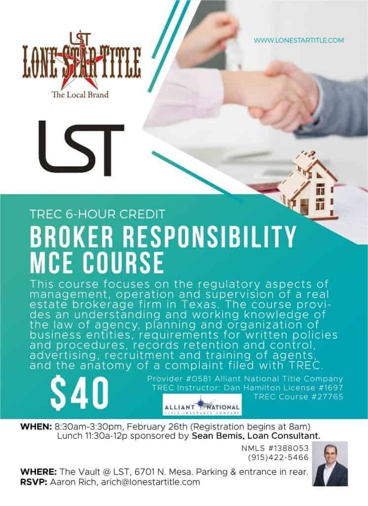 TREC 6 Hour Credit Broker Responsibility MCE Course El Paso, Texas